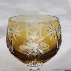 Vintage SET of 4 Bohemian Glass AMBER Cut-To-Clear WINE GLASSES-8 1/2