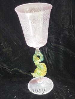 Vintage Salviati Venetian Murano Pink Ribbon Wine Glass WithBlue/Gold Dolphin Stem