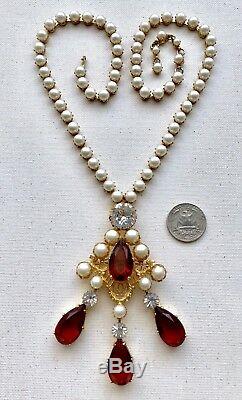 Vintage Schreiner Glass Pearl & Wine Red Rhinestone Brooch Pendant Necklace