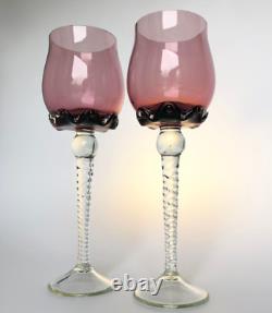 Vintage Set 2 Wine Glasses Tall Goblet Art Glass 9.8 tall