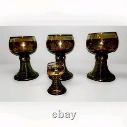 Vintage Set 4 German Roemer Wine Glasses Green Gold Rim Grapes Souvenir Römer