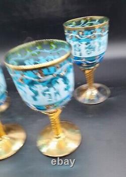 Vintage Set/4 Venetian Glass Wine Glasses Hand Painted Enamel Italy 5.5 Blue