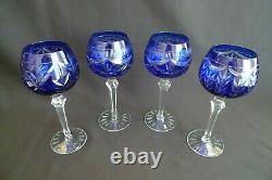 Vintage Set (4) Wine Hock Drink Glasses Stemware Cobalt Blue Cut To Clear 8oz