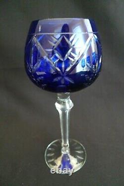 Vintage Set (4) Wine Hock Drink Glasses Stemware Cobalt Blue Cut To Clear 8oz