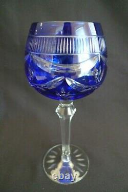 Vintage Set (4) Wine Hock Drink Glasses Stemware Cobalt Blue Cut To Clear 8oz