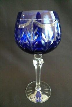 Vintage Set (4) Wine Hock Drink Glasses Stemware Cobalt Blue Cut To Clear 8oz