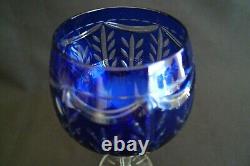 Vintage Set (4) Wine Hock Drink Glasses Stemware Cobalt Blue Cut To Clear 8oz