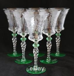Vintage Set 6 Tiffin Optic Glass Water Wine Goblets Green Acce 15022-1 Engraved