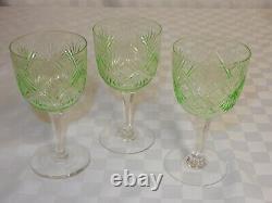 Vintage Set 9 Green Cut Uranium Glass Clear Stemmed Wine Glasses