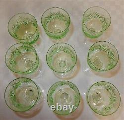 Vintage Set 9 Green Cut Uranium Glass Clear Stemmed Wine Glasses