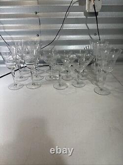 Vintage Set Of 18 Etched Glasses Floral Design Thin Glass Stemware Dif. Sizes