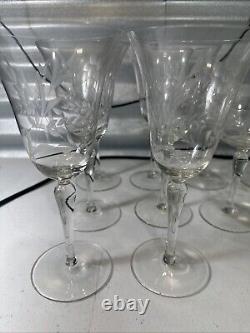 Vintage Set Of 18 Etched Glasses Floral Design Thin Glass Stemware Dif. Sizes