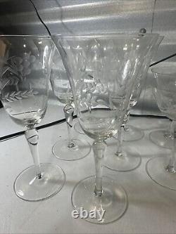 Vintage Set Of 18 Etched Glasses Floral Design Thin Glass Stemware Dif. Sizes