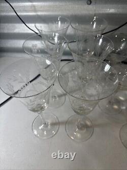 Vintage Set Of 18 Etched Glasses Floral Design Thin Glass Stemware Dif. Sizes