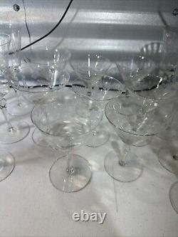 Vintage Set Of 18 Etched Glasses Floral Design Thin Glass Stemware Dif. Sizes