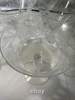 Vintage Set Of 18 Etched Glasses Floral Design Thin Glass Stemware Dif. Sizes