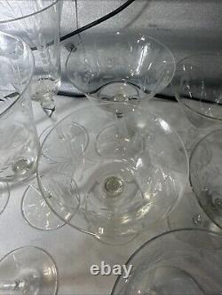 Vintage Set Of 18 Etched Glasses Floral Design Thin Glass Stemware Dif. Sizes