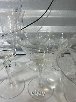 Vintage Set Of 18 Etched Glasses Floral Design Thin Glass Stemware Dif. Sizes