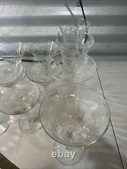 Vintage Set Of 18 Etched Glasses Floral Design Thin Glass Stemware Dif. Sizes