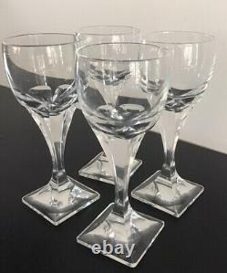 Vintage, Set Of 4, Daum France Art Deco Wine Glasses On Square Feet, Signed