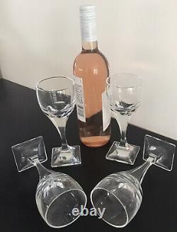 Vintage, Set Of 4, Daum France Art Deco Wine Glasses On Square Feet, Signed