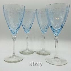 Vintage Set Of 4 Fostoria Blue Azure June Crystal Wine Water Globlets