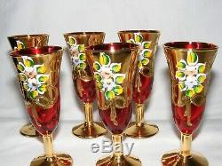 Vintage Set Of 6 Bohemian Sherry / Wine Glasses Red Gold Enamel Decoration