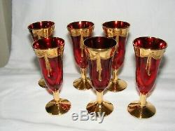 Vintage Set Of 6 Bohemian Sherry / Wine Glasses Red Gold Enamel Decoration