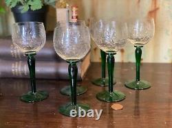 Vintage Set Of 6 Green Stem Crystal Clear Cut Glass Wine Hock Glasses Goblets