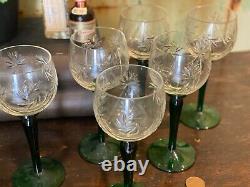 Vintage Set Of 6 Green Stem Crystal Clear Cut Glass Wine Hock Glasses Goblets