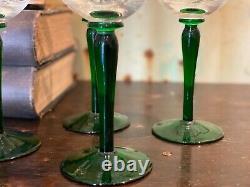 Vintage Set Of 6 Green Stem Crystal Clear Cut Glass Wine Hock Glasses Goblets