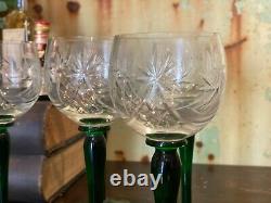 Vintage Set Of 6 Green Stem Crystal Clear Cut Glass Wine Hock Glasses Goblets