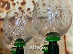 Vintage Set Of 6 Green Stem Crystal Clear Cut Glass Wine Hock Glasses Goblets