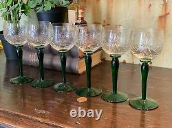 Vintage Set Of 6 Green Stem Crystal Clear Cut Glass Wine Hock Glasses Goblets