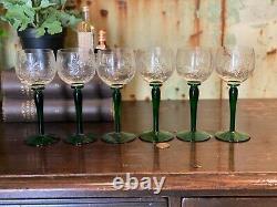 Vintage Set Of 6 Green Stem Crystal Clear Cut Glass Wine Hock Glasses Goblets