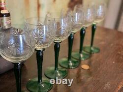 Vintage Set Of 6 Green Stem Crystal Clear Cut Glass Wine Hock Glasses Goblets