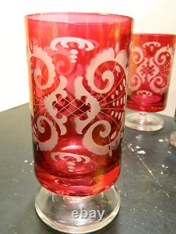 Vintage Set Of (6) Rattenburg Tyrol Ruby Cut To Clear Crystal Footed Glasses Exc