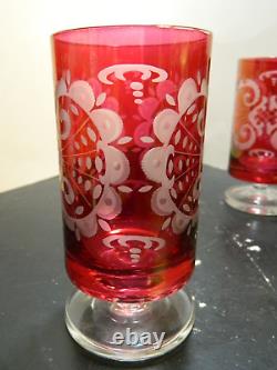 Vintage Set Of (6) Rattenburg Tyrol Ruby Cut To Clear Crystal Footed Glasses Exc