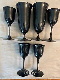 Vintage Set Of 6 Reynolds Midnight Halo Black Glass Water/Wine Goblets