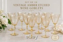 Vintage Set of 10 Amber Etched Elegant Glass Wine Goblets 7.5 Floral Optic