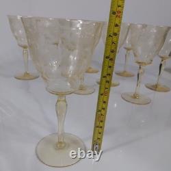 Vintage Set of 10 Amber Etched Elegant Glass Wine Goblets 7.5 Floral Optic