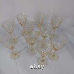 Vintage Set of 10 Amber Etched Elegant Glass Wine Goblets 7.5 Floral Optic