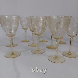 Vintage Set of 10 Amber Etched Elegant Glass Wine Goblets 7.5 Floral Optic