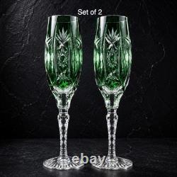 Vintage Set of 2 Emerald Green Cut to Clear Crystal Champagne Flutes Grape 9