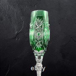 Vintage Set of 2 Emerald Green Cut to Clear Crystal Champagne Flutes Grape 9