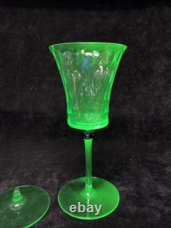 Vintage Set of 2 Wine Glasses Green Uranium Vaseline Glass Black Bead READ J7