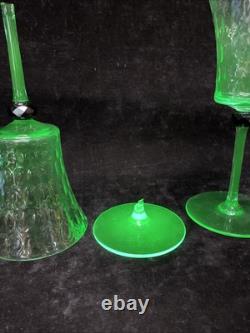 Vintage Set of 2 Wine Glasses Green Uranium Vaseline Glass Black Bead READ J7