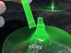 Vintage Set of 2 Wine Glasses Green Uranium Vaseline Glass Black Bead READ J7