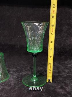 Vintage Set of 2 Wine Glasses Green Uranium Vaseline Glass Black Bead READ J7