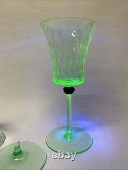 Vintage Set of 2 Wine Glasses Green Uranium Vaseline Glass Black Bead READ J7